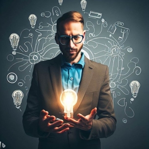 man look at energy in light bulb